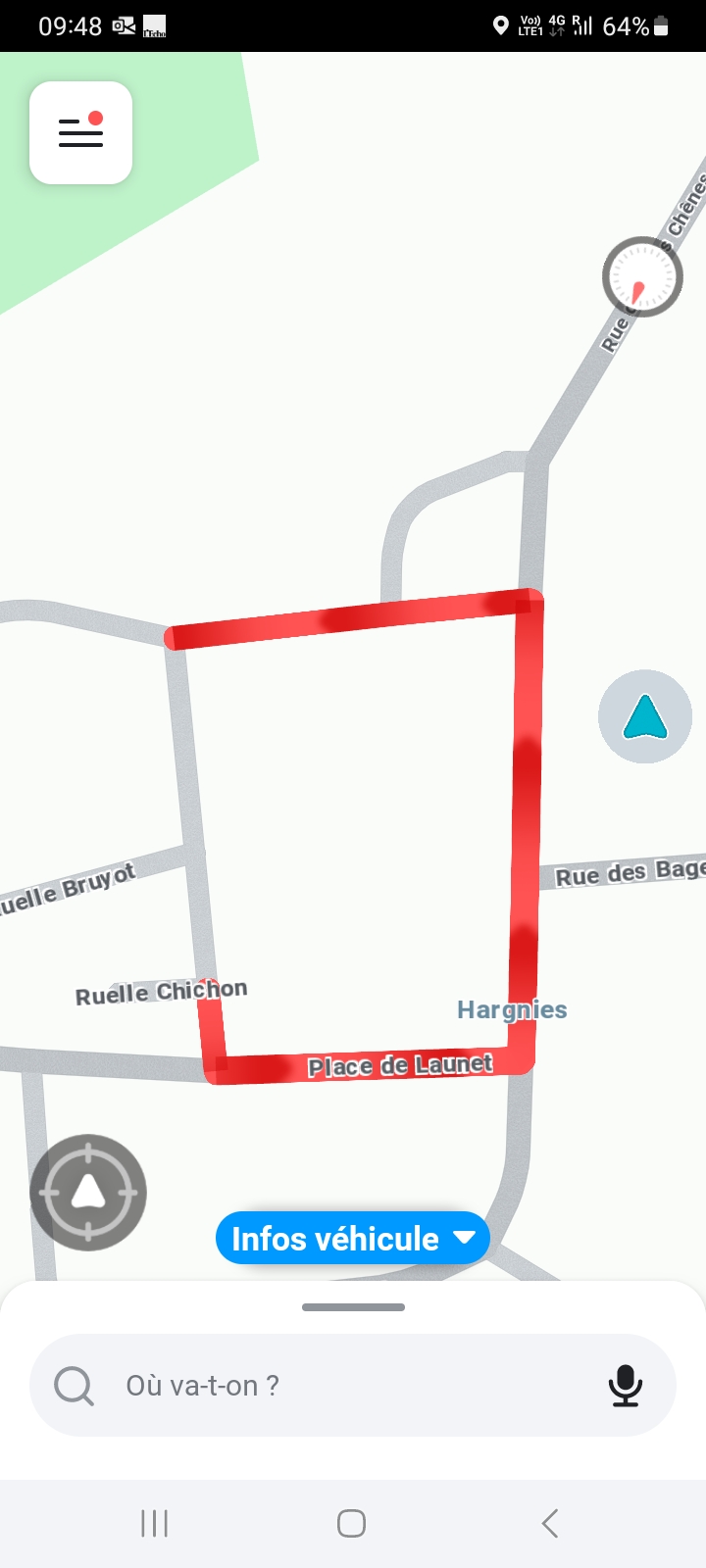 Embouteillage autour de la place de Hargnies samedi 29 mars 2025 selon Waze